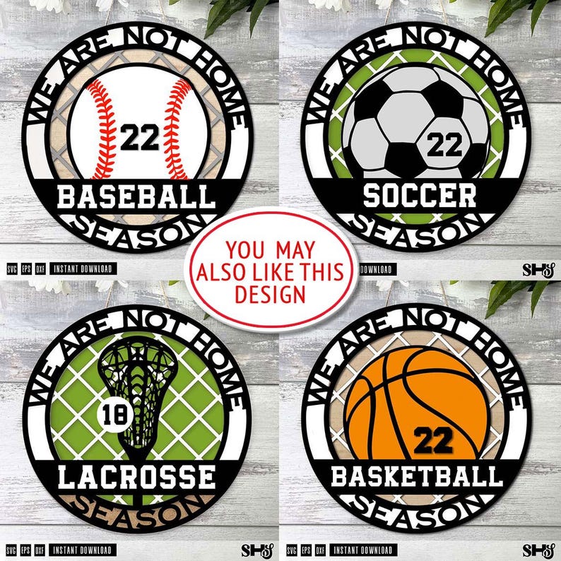 Może przedstawiać: Cztery okrągłe projekty cyfrowe z motywami sportowymi, w tym baseball, piłka nożna, lacrosse i koszyk&oacute;wka. Każda grafika zawiera tekst WE ARE NOT HOME SEASON z nazwą konkretnego sportu oraz numerem zawodnika 22 lub 18 umieszczonym centralnie.
