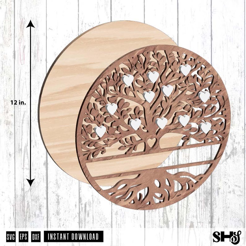 May include: A circular wooden wall art piece featuring a laser-cut tree design with intricate branches and roots. The design includes several small white heart-shaped cutouts integrated into the foliage. A measurement arrow indicates a 12 in. diameter.