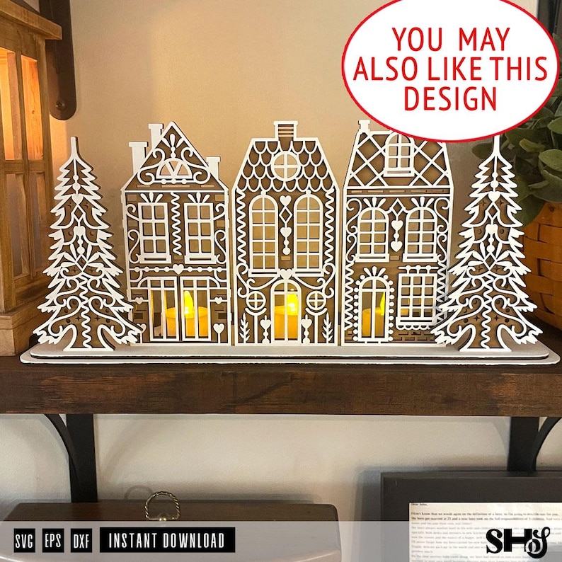 Gingerbread House Ornaments Laser Cut Bundle SVG | 4 Designs | 3 Houses & Christmas Tree | Christmas Ornaments | SVG, eps, dxf imagen 15