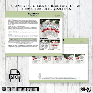 May include: A digital PDF document titled Assembly Directions for Cutting Machines, featuring Shapehouse Studio branding. It includes text instructions, project requirements, and photographs of circular snowflake ornaments with red ribbons.