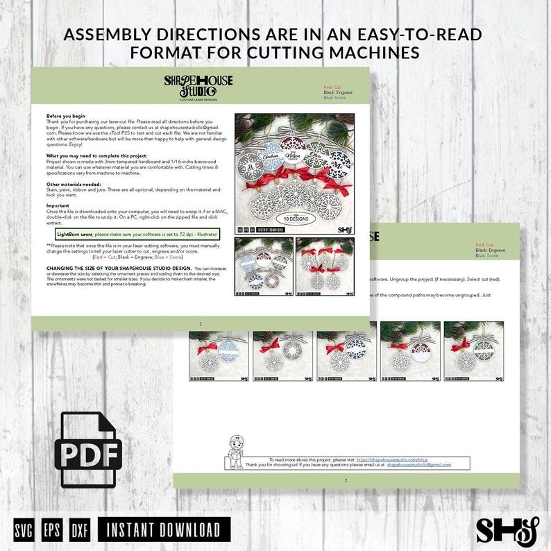 May include: A digital PDF document titled Assembly Directions for Cutting Machines, featuring Shapehouse Studio branding. It includes text instructions, project requirements, and photographs of circular snowflake ornaments with red ribbons.