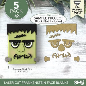 May include: A 5-pack of laser-cut Frankenstein face blanks made of wood. The set includes pieces for hair, eyes, a nose, a mouth, and bolts. A finished example block measuring 2 inches by 4 inches by 4.75 inches is shown for reference.