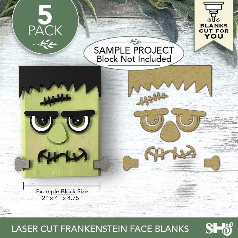 May include: A 5-pack of laser-cut Frankenstein face blanks made of wood. The set includes pieces for hair, eyes, a nose, a mouth, and bolts. A finished example block measuring 2 inches by 4 inches by 4.75 inches is shown for reference.