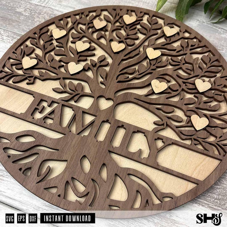 May include: A circular wooden wall art piece featuring a laser-cut tree design with intricate branches and roots. The word FAMILY is integrated into the trunk. Multiple small heart-shaped cutouts are scattered throughout the tree canopy.
