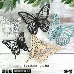 May include: Five butterfly cutouts in various colors including white, black, light blue, and natural wood. The butterflies feature intricate, open-work wing patterns. Text at the bottom reads 5 DESIGNS - 3 SIZES, SVG, EPS, DXF, INSTANT DOWNLOAD.