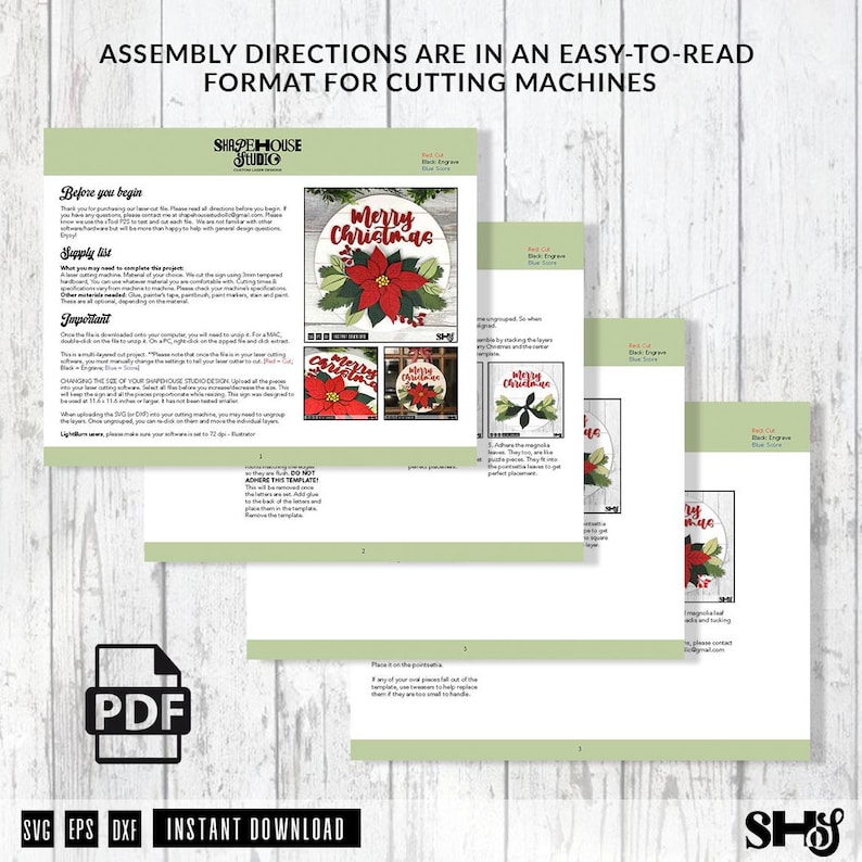 K&ouml;nnte beinhalten: Ein digitales PDF-Dokument mit Montageanleitungen f&uuml;r ein lasergeschnittenes Merry Christmas-Schild. Die Seiten enthalten Text, eine Materialliste und visuelle Diagramme, die ein Weihnachtsstern-Design mit roten, gr&uuml;nen und wei&szlig;en Schichten f&uuml;r Schneidemaschinen zeigen.