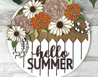 Hello Summer Sign Laser Cut File: Flower Round SVG (Digital Download, PDF Directions Included)