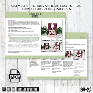 Puede incluir: Un documento de instrucciones en PDF digital para un proyecto de corte l&aacute;ser con un dise&ntilde;o de cascanueces. Las p&aacute;ginas incluyen instrucciones de montaje, requisitos de materiales y gu&iacute;as paso a paso con im&aacute;genes de la figura terminada.
