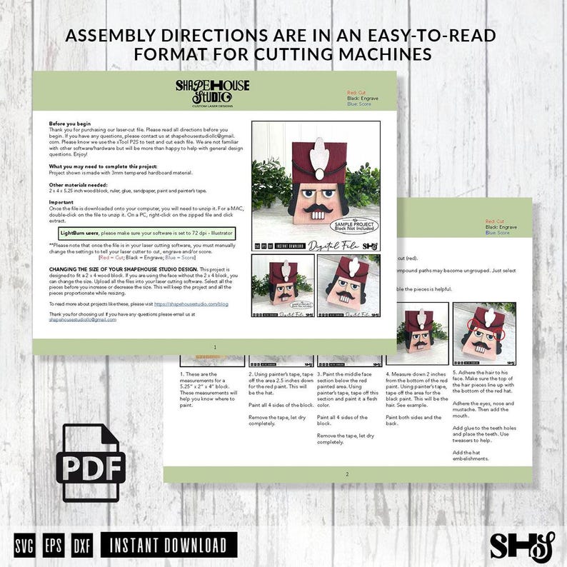 Puede incluir: Un documento de instrucciones en PDF digital para un proyecto de corte l&aacute;ser con un dise&ntilde;o de cascanueces. Las p&aacute;ginas incluyen instrucciones de montaje, requisitos de materiales y gu&iacute;as paso a paso con im&aacute;genes de la figura terminada.