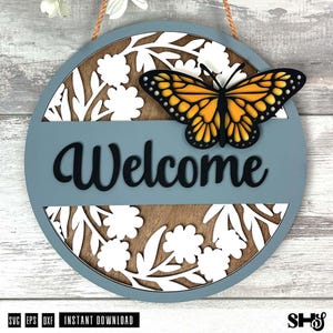 Archivo de corte láser con letrero redondo de bienvenida de primavera y mariposa / Letrero de bienvenida de primavera y verano / Archivos de corte SVG listos para láser / SVG, dxf, eps, pdf / Cricut