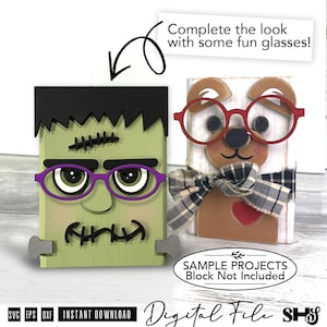 May include: A digital file set featuring layered designs for a green Frankenstein-style character with purple glasses and a brown bear character with red glasses, a plaid ribbon, and a heart, including text that reads Complete the look with some fun glasses!