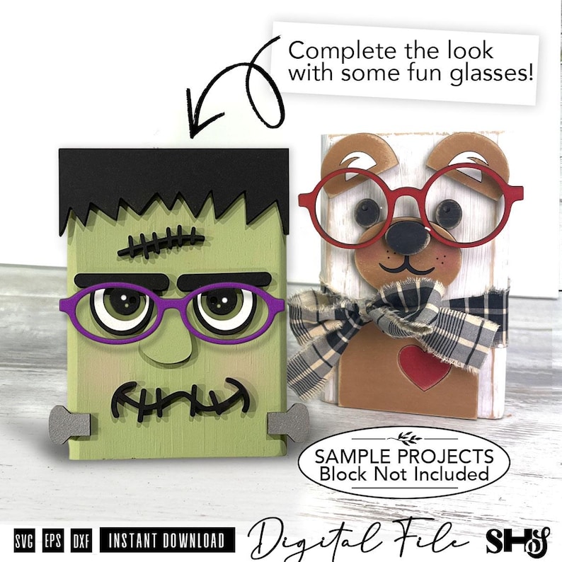 May include: A digital file set featuring layered designs for a green Frankenstein-style character with purple glasses and a brown bear character with red glasses, a plaid ribbon, and a heart, including text that reads Complete the look with some fun glasses!
