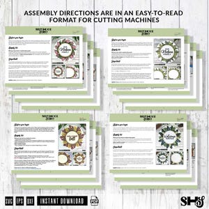 May include: Four pages of assembly directions for cutting machines, featuring the text ASSEMBLY DIRECTIONS ARE IN AN EASY-TO-READ FORMAT FOR CUTTING MACHINES. Each page includes a supply list, important notes, and images of circular wreaths.