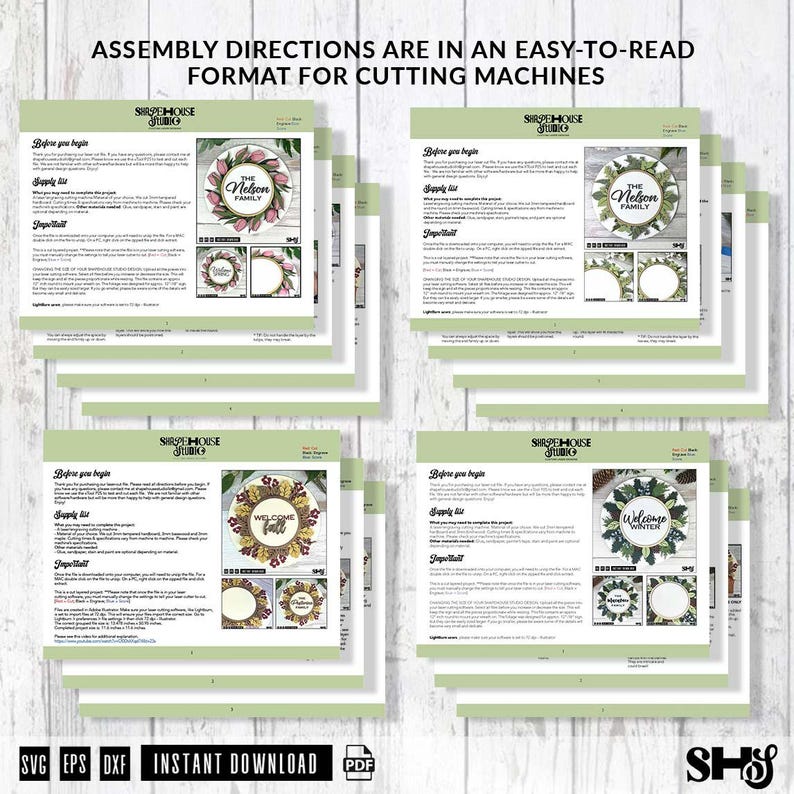 May include: Four pages of assembly directions for cutting machines, featuring the text ASSEMBLY DIRECTIONS ARE IN AN EASY-TO-READ FORMAT FOR CUTTING MACHINES. Each page includes a supply list, important notes, and images of circular wreaths.