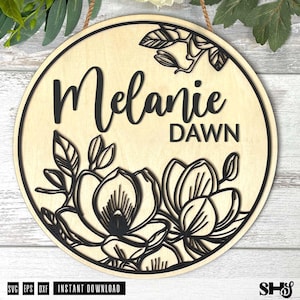 Nom floral Magnolia coupe signe SVG | Bienvenue SVG | Enseigne ronde pour chambre de bébé | Nom floral signe svg | Floral rond svg | Fleur décorative | SVG eps dxf