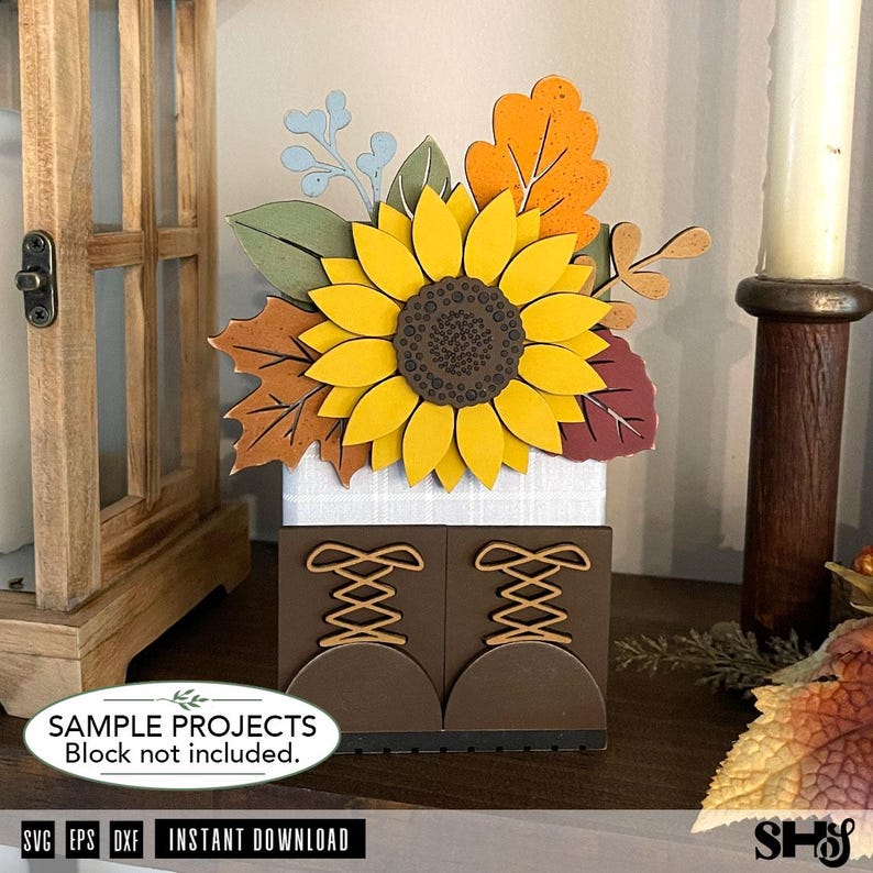 Fall Boots Sunflower Shelfsitter SVG | Autumn Boots Wood Block Laser Cut File image 1