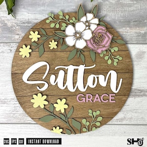 3D Blumen Kinderzimmer Namensschild SVG | 3D Holzschild Blume | Mädchen-Kinderzimmer Dekor | Kinderzimmer Wand Kunst | Holz Baby Namensschild | 3D Datei eps, dxf