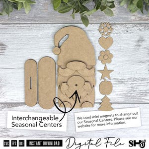 May include: A light brown wooden gnome cutout with a hat, beard, and moustache, accompanied by two rectangular base pieces and six small interchangeable shapes including a snowflake, heart, flower, star, pumpkin, and tree for seasonal decor.