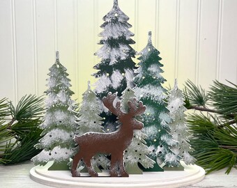 Woodland Deer Winter Scene SVG | Christmas Tree Reindeer Tea Light Shelf Sitter | Forest Laser Cut File