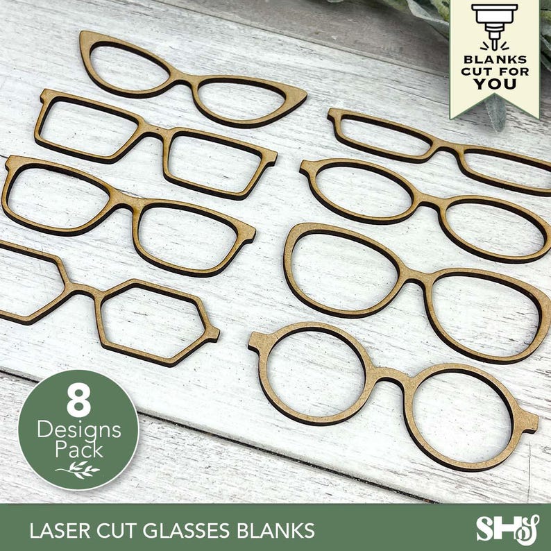 May include: A collection of eight laser-cut wooden glasses blanks in various frame styles. The glasses are light brown and arranged on a white wooden surface. The image includes text that reads "8 Designs Pack" and "Laser Cut Glasses Blanks".