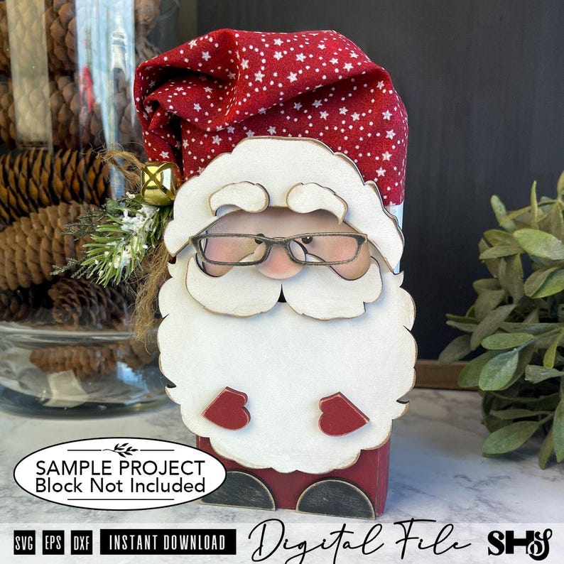 May include: A decorative Santa Claus figure featuring a red fabric hat with a white star pattern, a layered white wooden beard, and black-rimmed glasses. A small gold bell and green pine sprig are attached to the side of the hat.