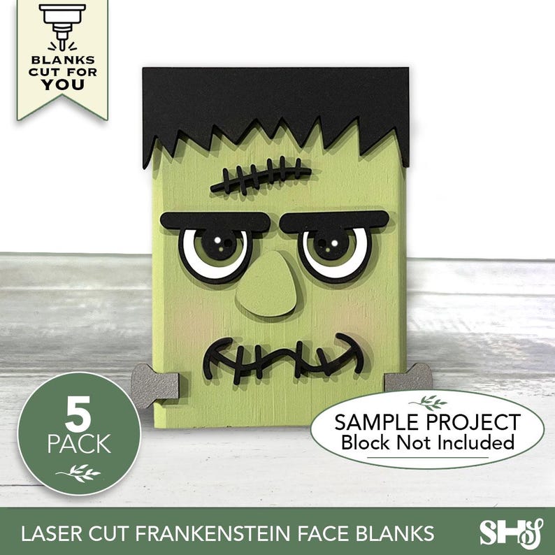 May include: A light green wooden Frankenstein face blank featuring a black jagged hairline, thick black eyebrows, a central nose, and a stitched mouth. The piece includes two small grey side bolts. Text on the image reads BLANKS CUT FOR YOU, 5 PACK, and SAMPLE PROJECT Block Not Included.