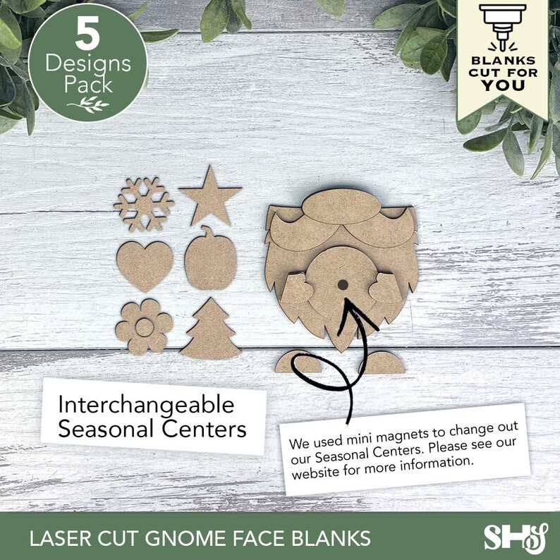 Op de afbeelding: Lasergesneden houten gnome gezicht blanks met verwisselbare seizoensgebonden centra zoals een sneeuwvlok, ster, hart, pompoen, bloem en boom. De set bevat een baardstuk met een magneetgat en tekst: 5 Designs Pack, Blanks Cut For You, Interchangeable Seasonal Centers, en We used mini magnets to change out our Seasonal Centers. Please see our website for more information.