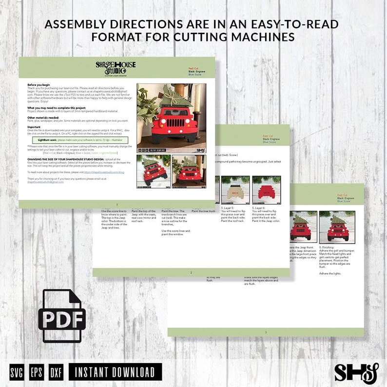 Puede incluir: Un documento PDF digital titulado ASSEMBLY DIRECTIONS ARE IN AN EASY-TO-READ FORMAT FOR CUTTING MACHINES. El documento contiene texto, diagramas y fotograf&iacute;as que muestran el montaje de un jeep de juguete rojo con un &aacute;rbol verde encima.
