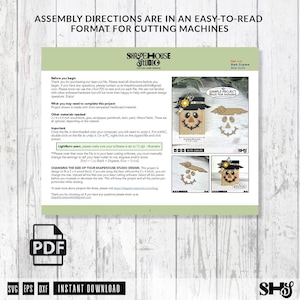 May include: A digital instruction sheet for a laser-cut scarecrow craft project. The document includes text, assembly directions, and images of a finished scarecrow decoration made from wood, featuring a hat, eyes, nose, and a stitched mouth.