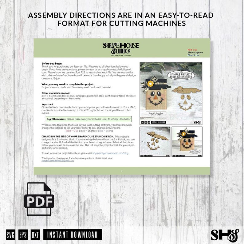 May include: A digital instruction sheet for a laser-cut scarecrow craft project. The document includes text, assembly directions, and images of a finished scarecrow decoration made from wood, featuring a hat, eyes, nose, and a stitched mouth.