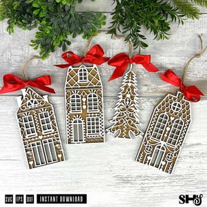 Gingerbread House Ornaments Laser Cut Bundle SVG | 4 Designs | 3 Houses & Christmas Tree | Christmas Ornaments | SVG, eps, dxf