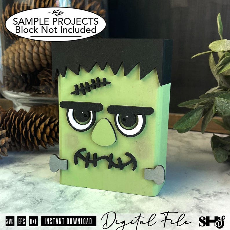 May include: A light green rectangular wooden block decorated as a monster character with black hair, thick black eyebrows, a stitched forehead scar, a central nose, and a stitched mouth. Two grey bolts are attached to the sides of the block.