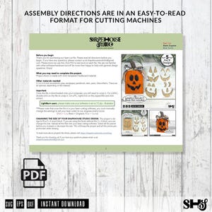 May include: A digital instruction sheet for a laser cutting project featuring five pumpkin face designs. The document includes text, diagrams, and photos of a finished orange wooden pumpkin decoration with a ribbon and various face cutouts.