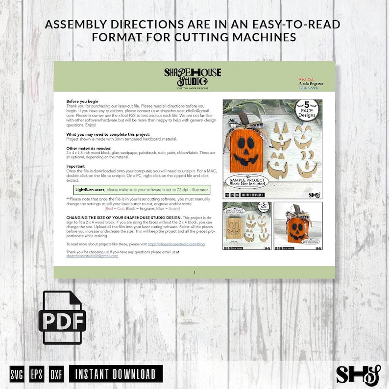 May include: A digital instruction sheet for a laser cutting project featuring five pumpkin face designs. The document includes text, diagrams, and photos of a finished orange wooden pumpkin decoration with a ribbon and various face cutouts.