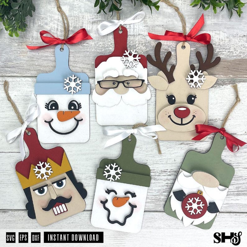 Christmas Faces SVG Cutting Board Ornament Bundle | 6 Xmas Ornament Laser Cut Files image 1