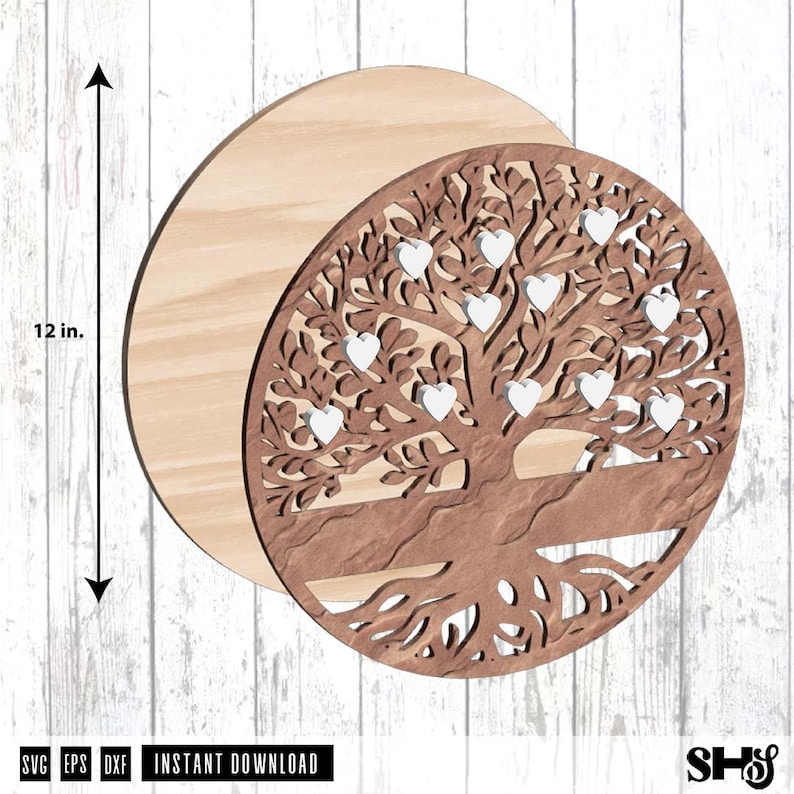 May include: A circular wooden tree of life wall art piece featuring a brown laser-cut design with eleven small white heart-shaped accents attached to the branches. A vertical arrow indicates a height of 12 inches for the circular wooden base.