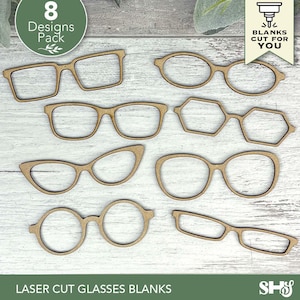 May include: A collection of eight laser-cut glasses blanks in various shapes, including rectangular, oval, and cat-eye designs. The glasses are made of light brown wood and are arranged on a light-colored surface. Text on the image reads "8 Designs Pack" and "Laser Cut Glasses Blanks."