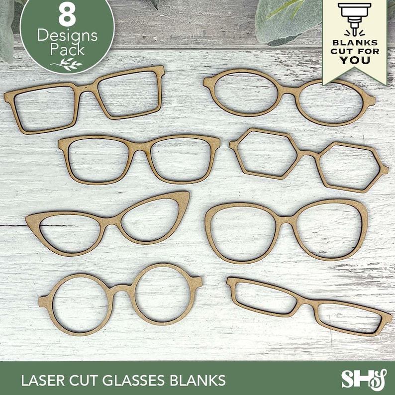 May include: A collection of eight laser-cut glasses blanks in various shapes, including rectangular, oval, and cat-eye designs. The glasses are made of light brown wood and are arranged on a light-colored surface. Text on the image reads "8 Designs Pack" and "Laser Cut Glasses Blanks."