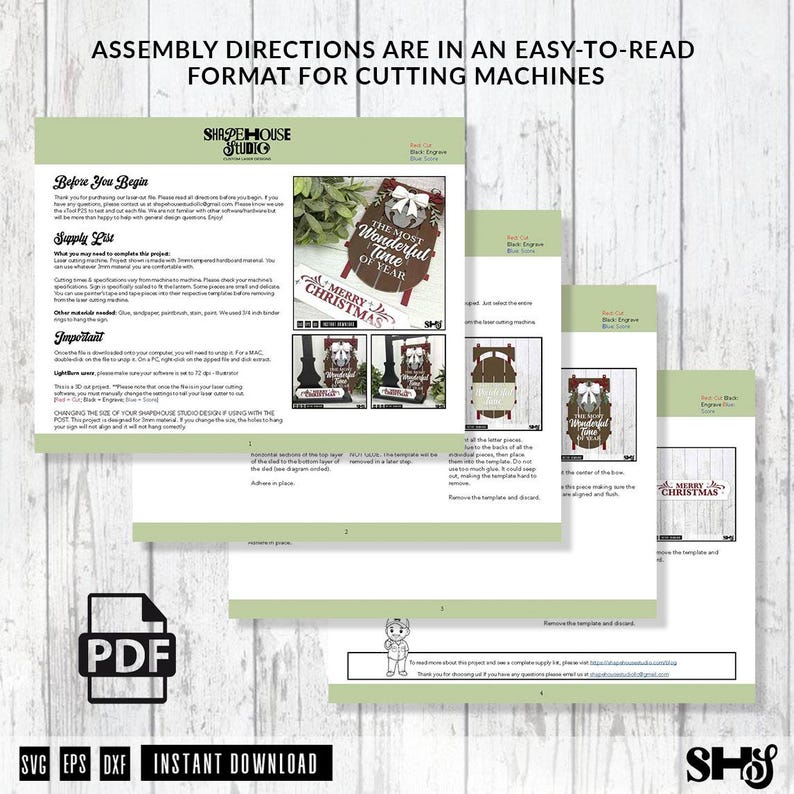 May include: A digital PDF document containing assembly instructions for a laser-cut Christmas sign project. The pages feature text, diagrams, and images of a finished sign with the text The Most Wonderful Time of Year and Merry Christmas.