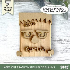 May include: A set of laser-cut wooden Frankenstein face pieces including a jagged hair section, two eyes with brows, a triangular nose, a stitched mouth, and two side bolts. The pieces are light brown and unfinished, designed for assembly.