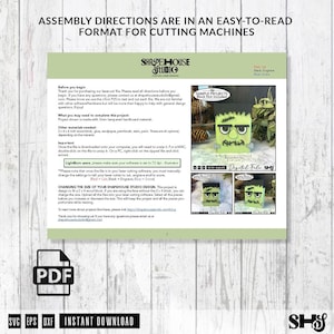 May include: A digital instruction sheet for a laser-cut Frankenstein monster project. The document includes assembly directions, material requirements, and images of the finished green monster craft. Text reads: ASSEMBLY DIRECTIONS ARE IN AN EASY-TO-READ FORMAT FOR CUTTING MACHINES.