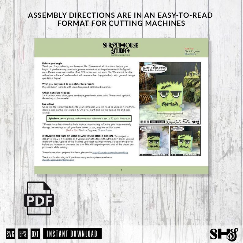 May include: A digital instruction sheet for a laser-cut Frankenstein monster project. The document includes assembly directions, material requirements, and images of the finished green monster craft. Text reads: ASSEMBLY DIRECTIONS ARE IN AN EASY-TO-READ FORMAT FOR CUTTING MACHINES.