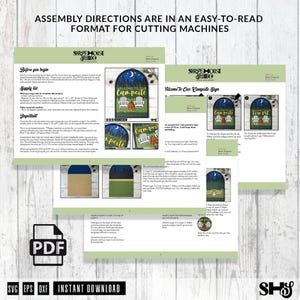 May include: A digital PDF document containing assembly instructions for a laser-cut campsite sign. The pages feature text, diagrams, and images of a finished sign with a night sky, campfire, and chairs. Includes SVG, EPS, and DXF file labels.