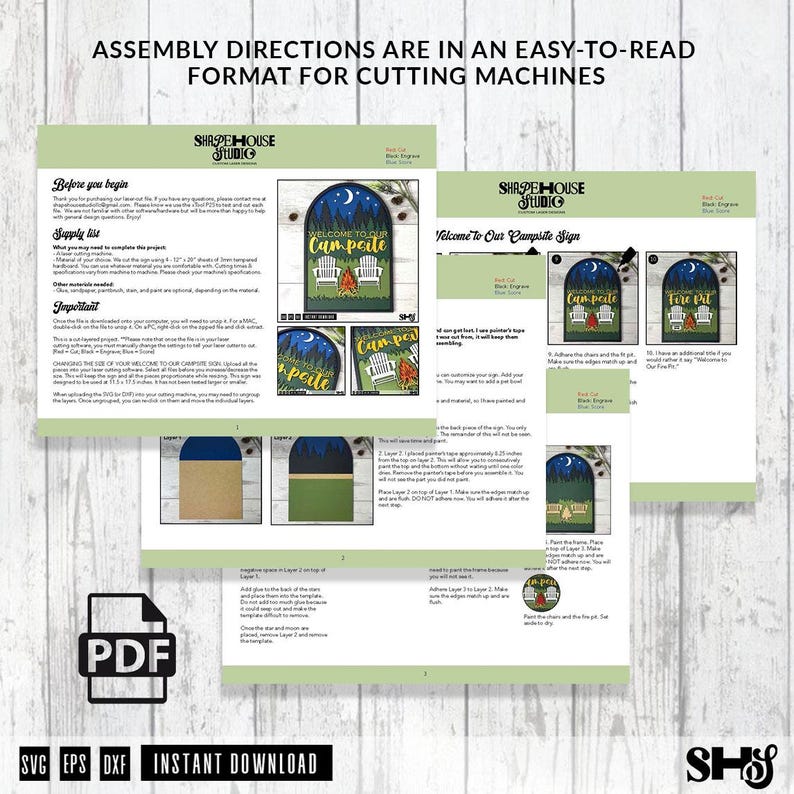May include: A digital PDF document containing assembly instructions for a laser-cut campsite sign. The pages feature text, diagrams, and images of a finished sign with a night sky, campfire, and chairs. Includes SVG, EPS, and DXF file labels.