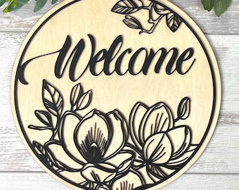 Magnolia Welcome Sign SVG: Laser Cut Floral Door Hanger (Digital Download)