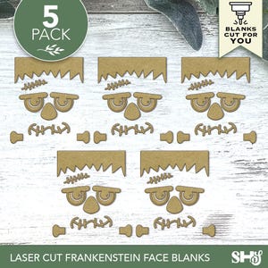 May include: A 5-pack of laser-cut Frankenstein face blanks made from tan material. Each set includes a jagged hair piece, eyes with a stitched scar above, a nose, a mouth with stitches, and two neck bolts. The text 5 PACK and BLANKS CUT FOR YOU appears.