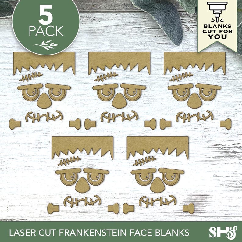 May include: A 5-pack of laser-cut Frankenstein face blanks made from tan material. Each set includes a jagged hair piece, eyes with a stitched scar above, a nose, a mouth with stitches, and two neck bolts. The text 5 PACK and BLANKS CUT FOR YOU appears.