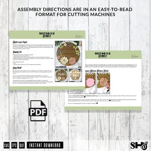 May include: A digital document with assembly directions for cutting machines, featuring the Shapehouse Studio logo, text instructions, and images of floral designs. The document includes a PDF icon and the text Instant Download at the bottom.