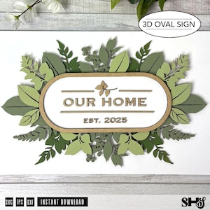 3D Oval Family Sign SVG (Layered Floral) | Laser Cut Home Sign File | Glowforge SVG
