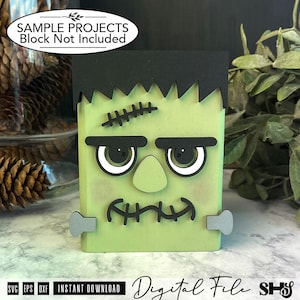 May include: A light green rectangular wooden block featuring a black jagged hairline, thick black eyebrows, a triangular nose, and a stitched mouth. Two silver-colored bolts protrude from the sides. The text reads: SAMPLE PROJECTS Block Not Included.
